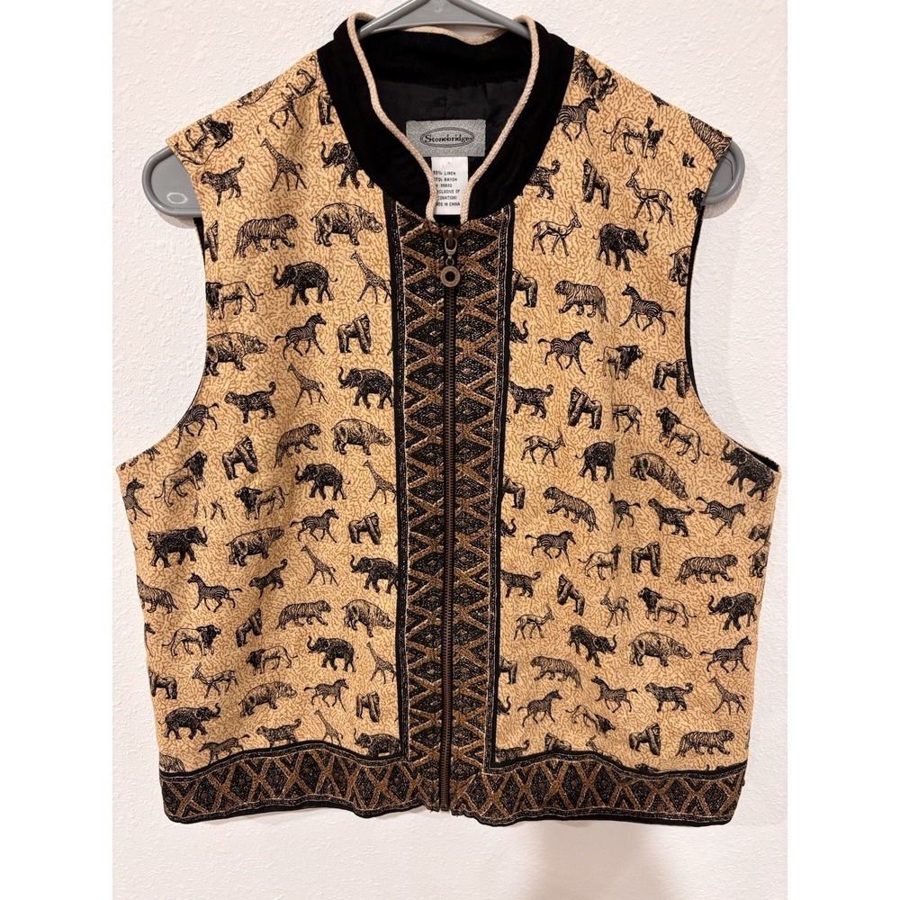 Stonebridge Women's Vest L Safari Animal Print Beaded Trim Full Zip Linen Blend - Picture 6 of 12